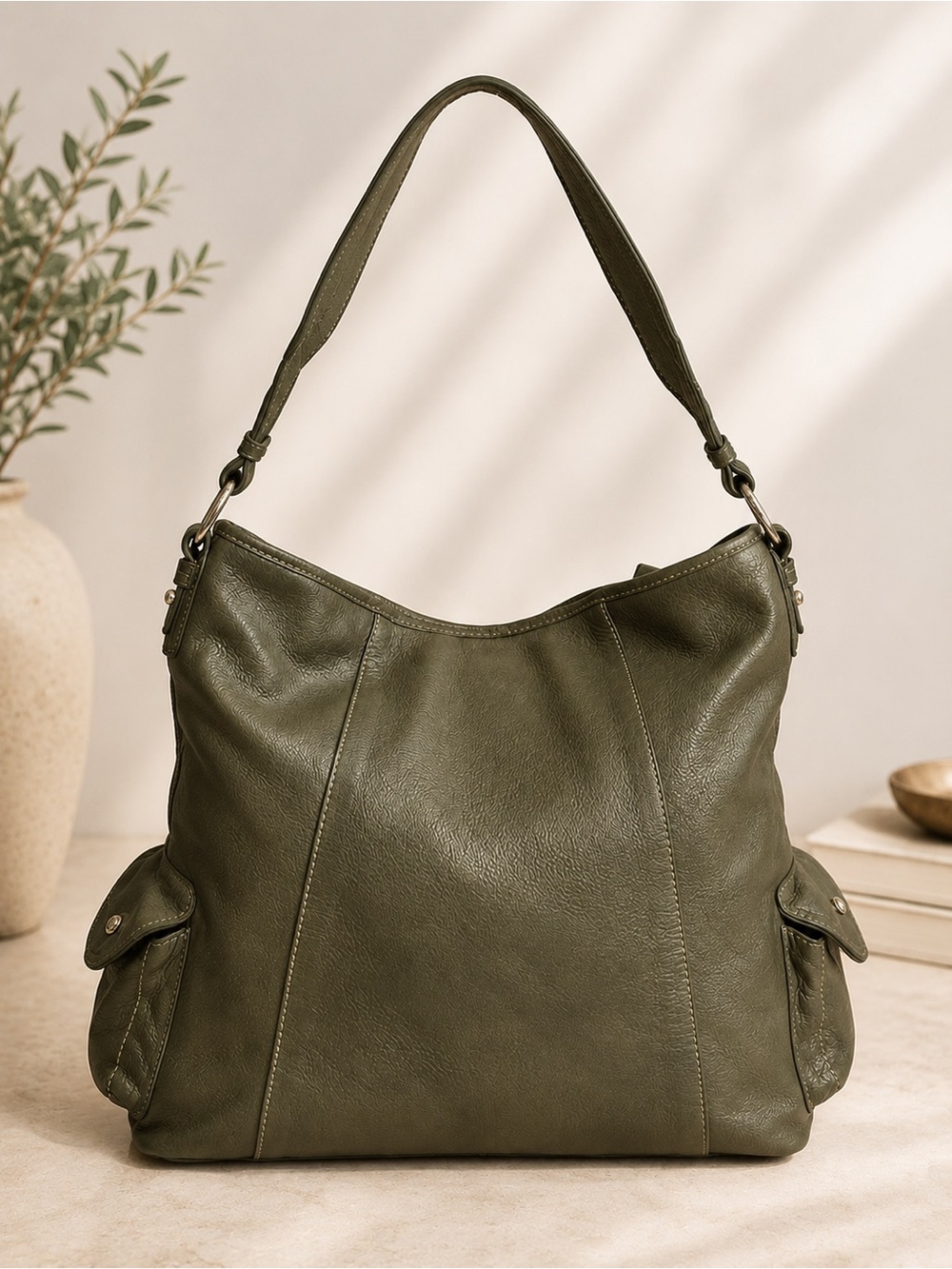 Vintage Liz Claiborne Olive Green Leather Hobo Bag Y2K Slouchy Shoulder Purse